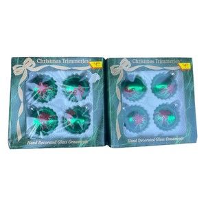 Christmas Trimmeries‎ By Bradford Lot Of 8 Green Red Glitter Bow Glass Ornaments